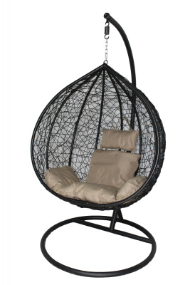 Кресло подвесное большое Кокон F-03 (Черный ротанг/Бежевая подушка)