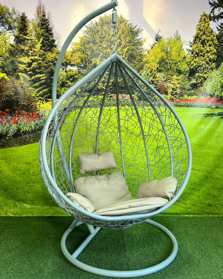 Кресло подвесное большое Кокон F-03 (Светло-серый ротанг/Бежевая подушка)