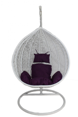 Кресло подвесное маленькое Кокон F-03 (Белый ротанг/Фиолетовая подушка)